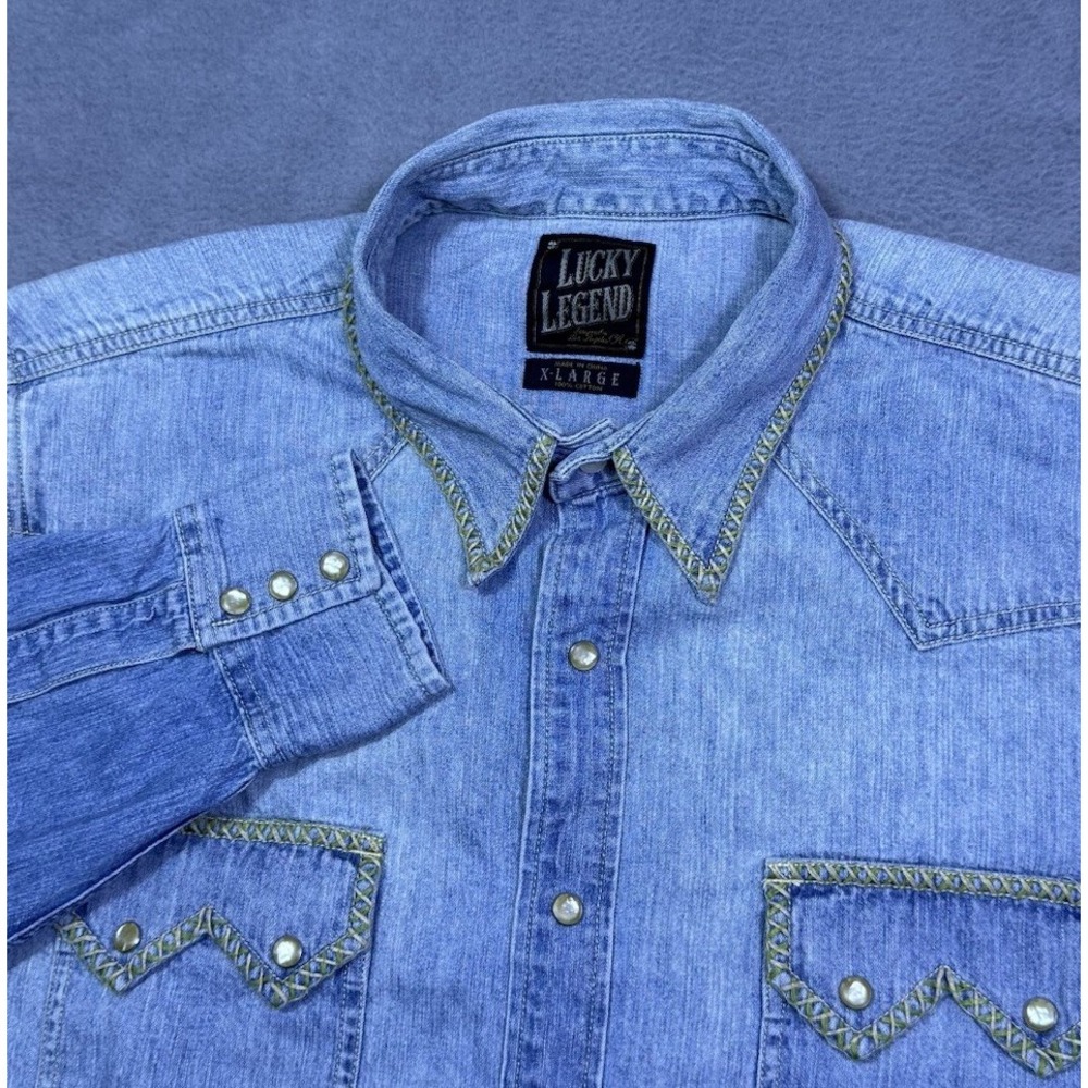 Lucky Legend Shirt Mens XL Denim Pearl Snap Paisley Western Rodeo Cowboy USA